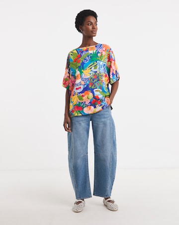 Linen Mix Border Print Boxy Top