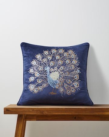 Embroidered Peacock Velvet Cushion