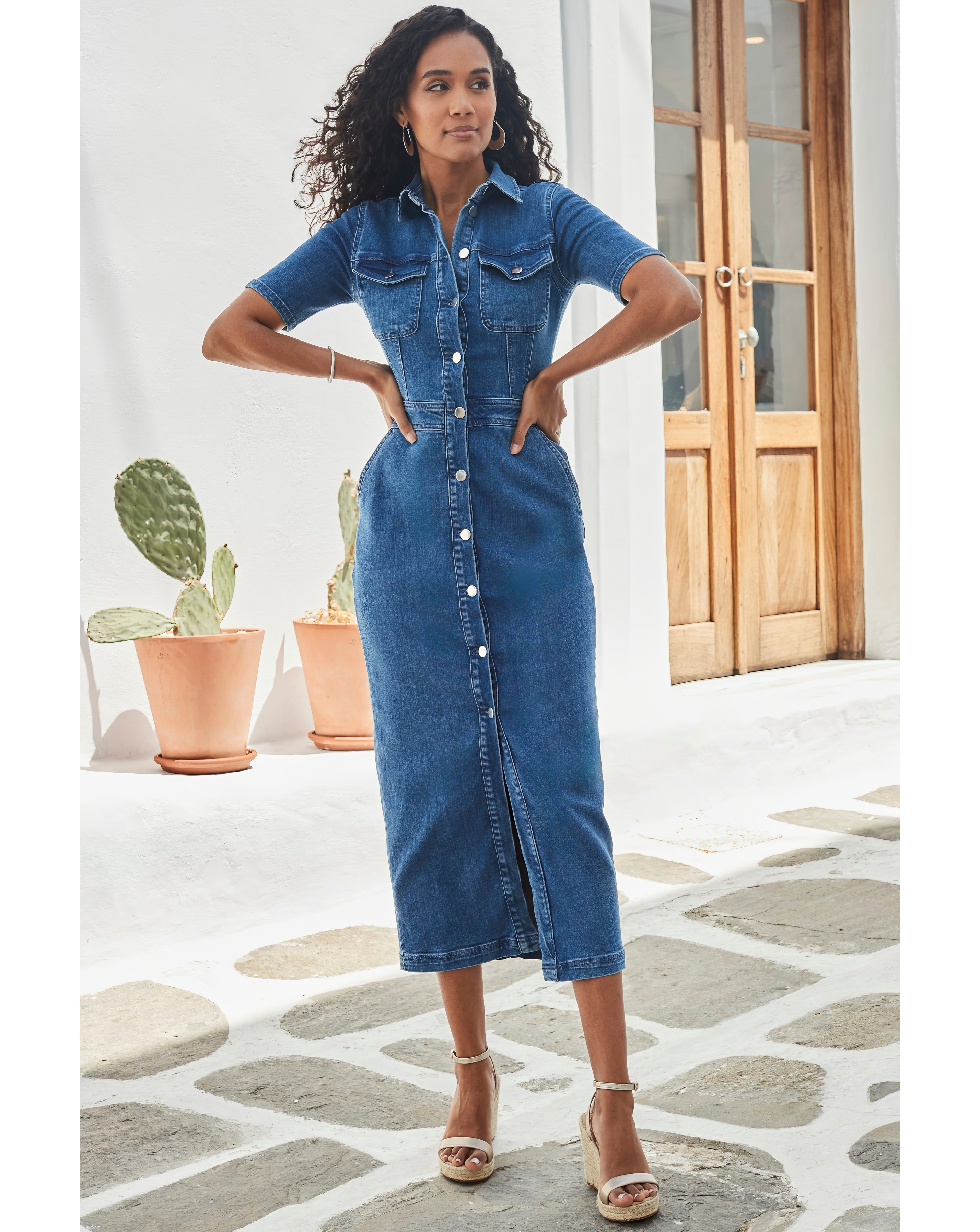 Sosandar Short Sleeve Button Front Denim Midaxi Dress | JD Williams