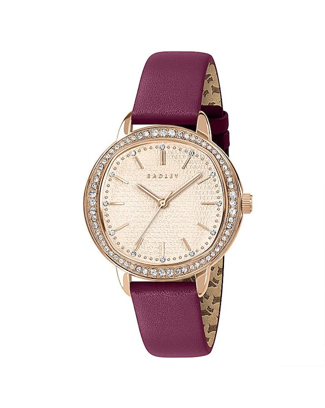 Radley Rose Gold Plated 36mm Stone Set Berry Leather Strap