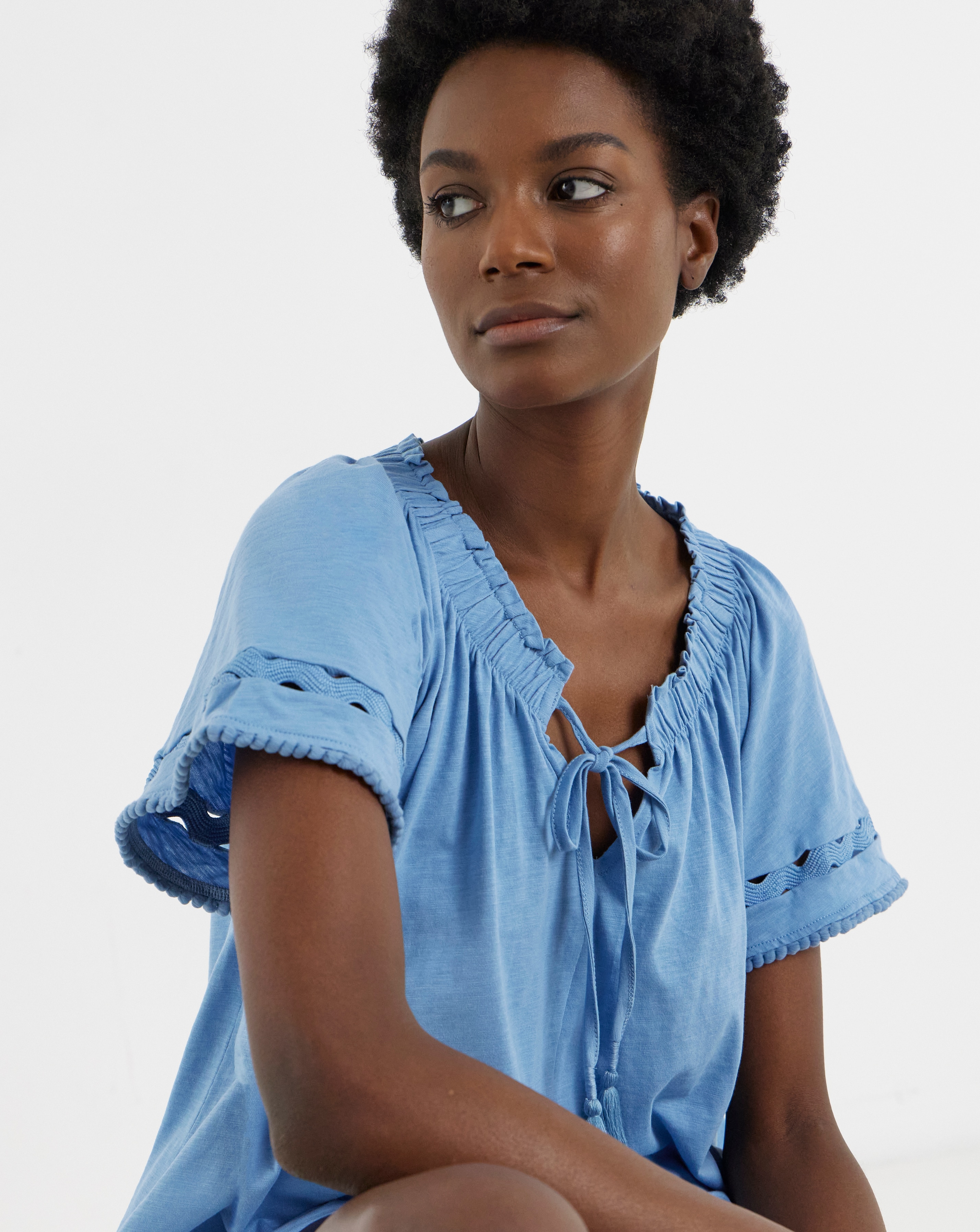 Blue Ladder Insert Tie Neck Angel Sleeve Top | JD Williams