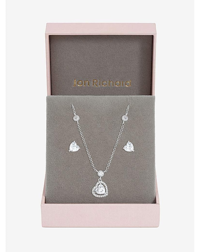 Jon Richard Rhodium Plated and Cubic Zirconia Heart Drop Set - Gift Box