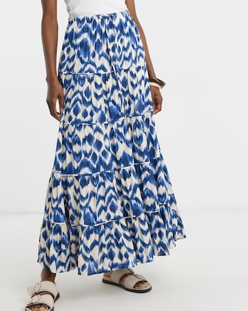 Blue Print Crinkle Tiered Maxi Skirt