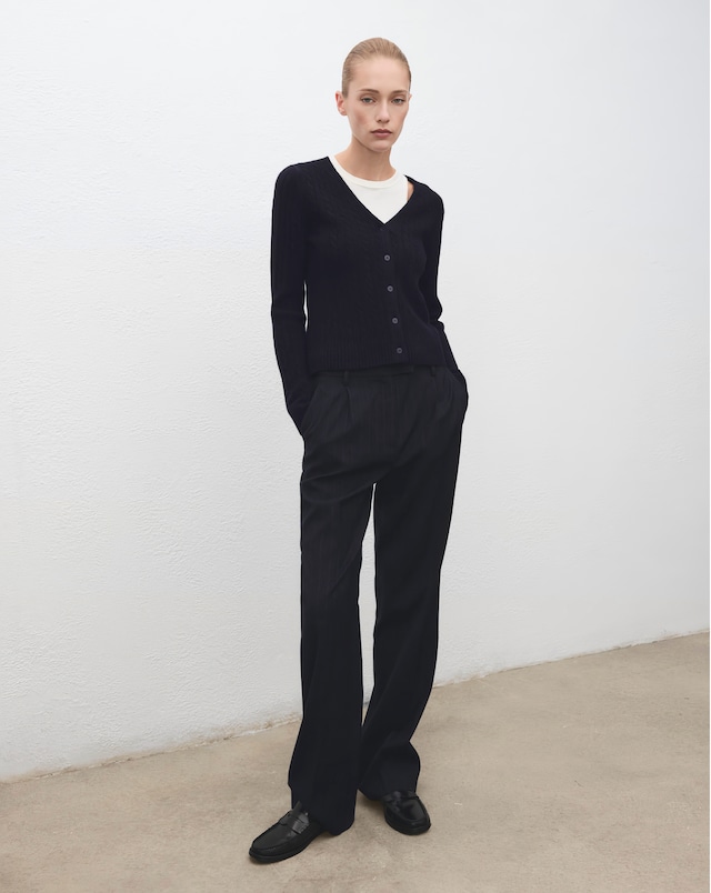 Mango V-Neck Braided Knit Navy Cardigan