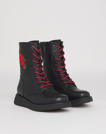 Heavenly Feet Floral Martina Lace Up Chunky Boot Wide Fit