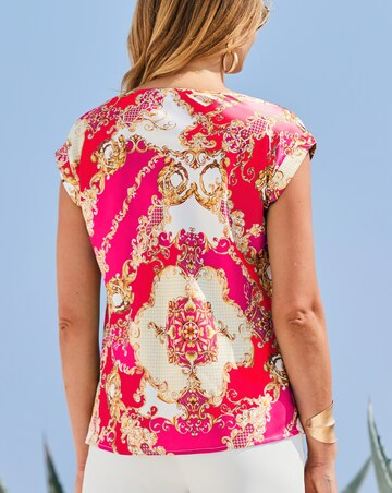 Sosandar Pink & Red Baroque Print Cowl Neck Satin Top