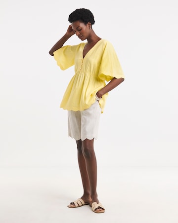 Linen Mix Scallop Hem Button Detail Top