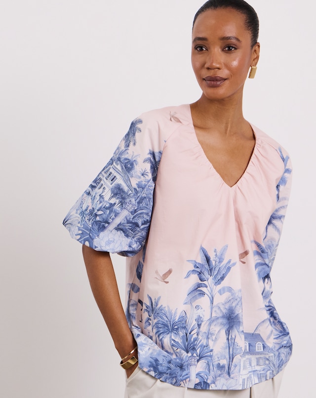 Joanna Hope Cotton Volume Printed Blouse