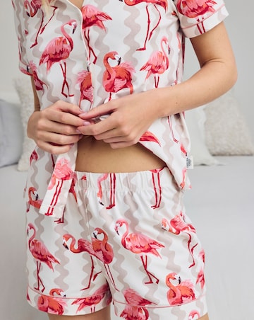 Chelsea Peers Organic Cotton Button Up Pyjama Short Set Flamingo Stripe Print