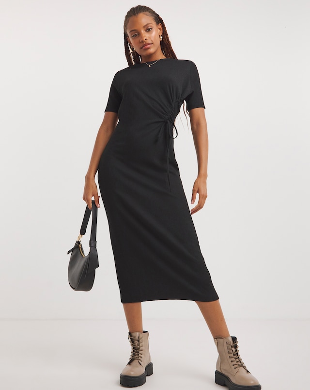 Ruched Front Waffle Midi Dress - Black