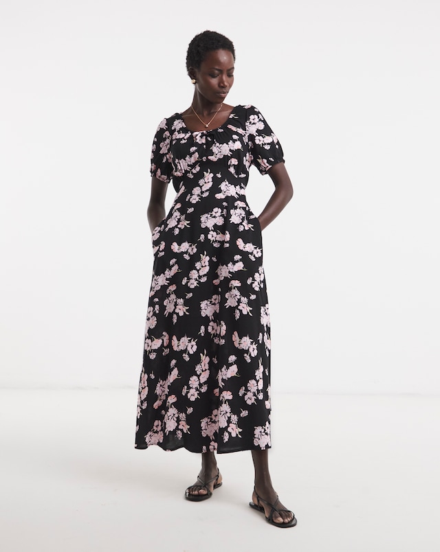 Cap Sleeve Floral Milkmaid Midi Dress - Black
