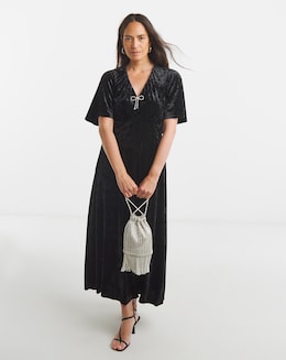 V-Neck Short Sleeve Bow Crushed Velvet Dress