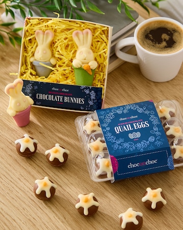 Choc on Choc Easter Caramel Filled Drippy Eggs and 3 Chocolate Bunnies in Pots