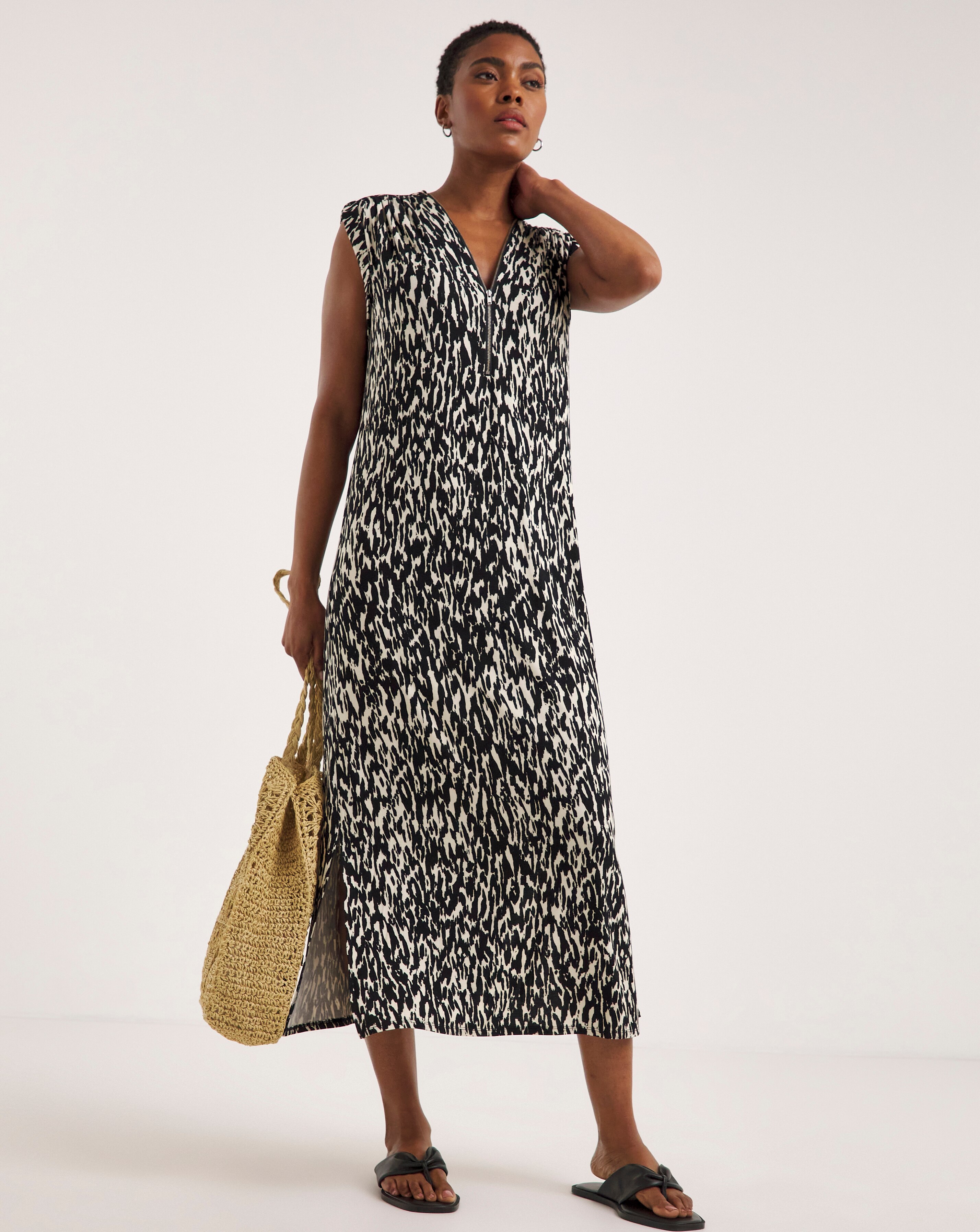 Viscose Elastane Midi T-Shirt Dress With Zip V-Neck