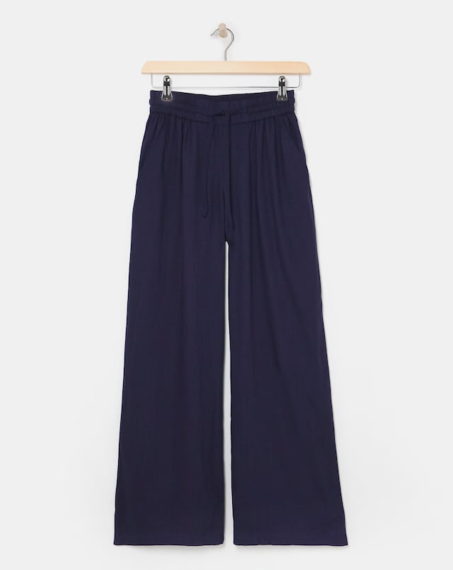 Navy Linen Mix Wide Leg Trousers