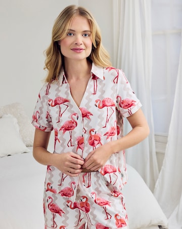 Chelsea Peers Organic Cotton Button Up Pyjama Short Set Flamingo Stripe Print