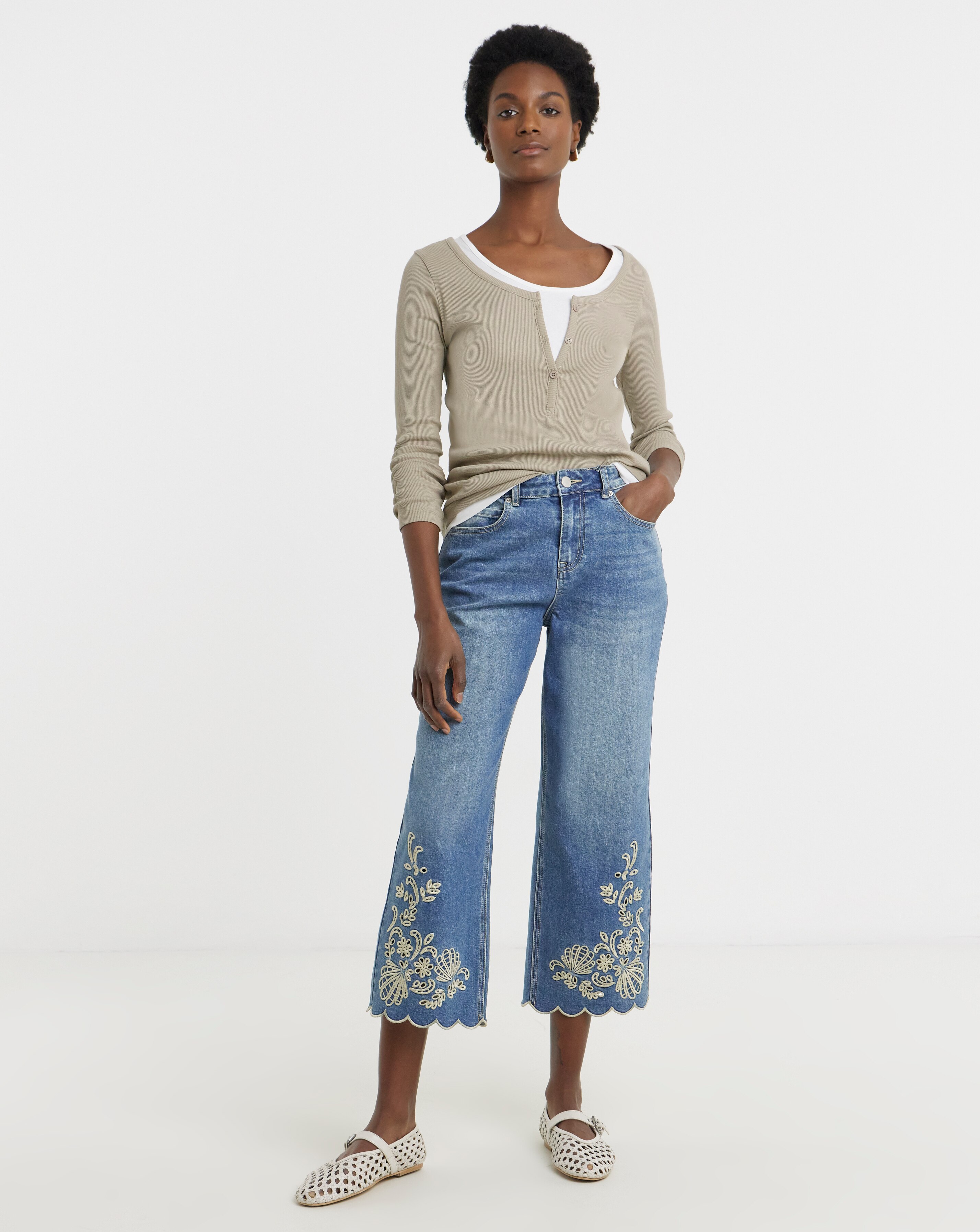 Blue Scallop Hem Broderie Crop Jeans | JD Williams