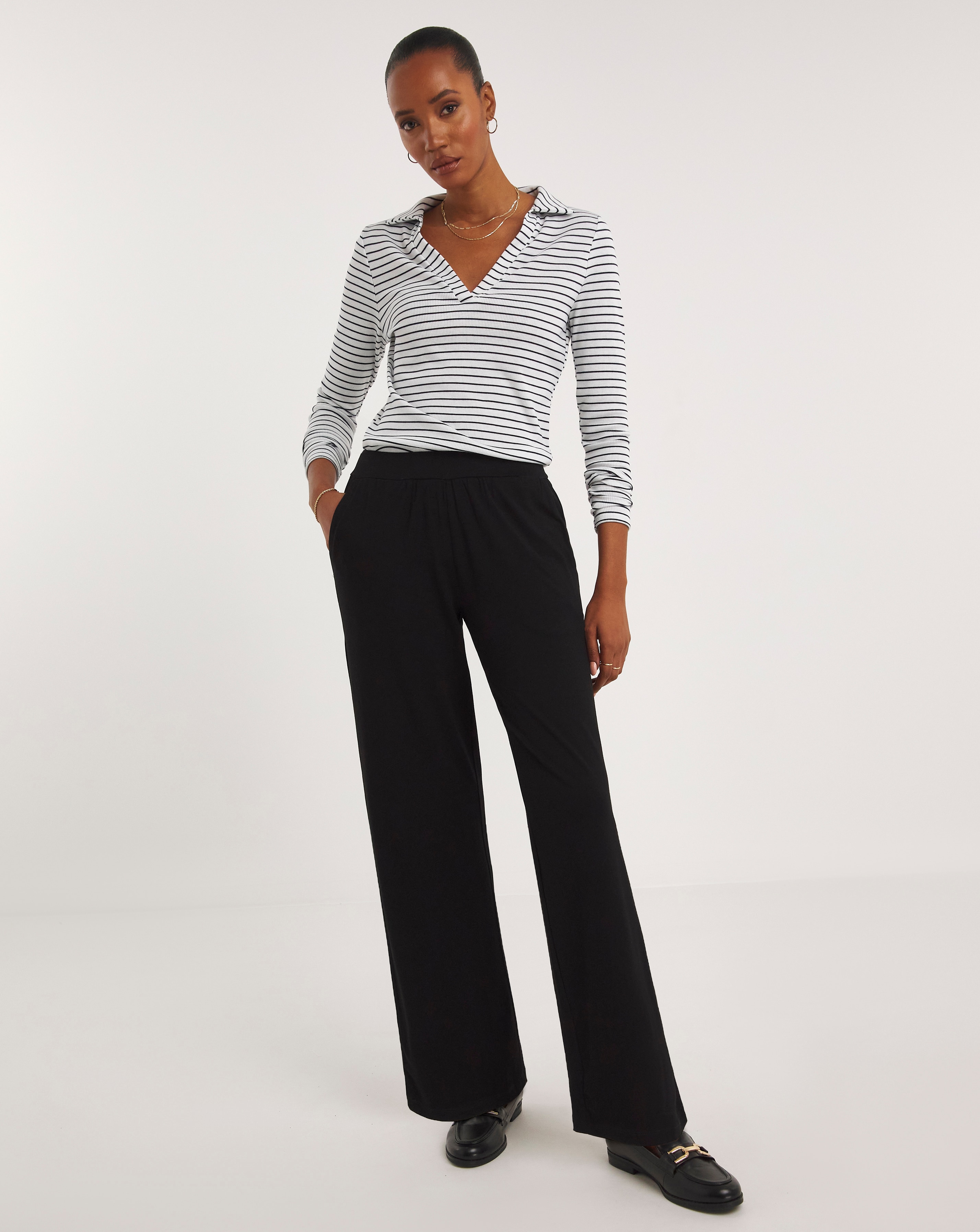 Black Pull On Stretch Jersey Straight Leg Trousers | JD Williams