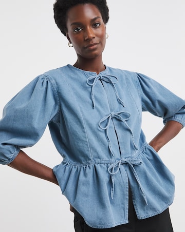 Light Blue Peplum Puff Sleeve Denim Top