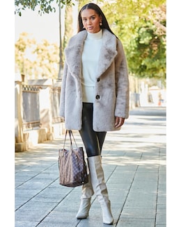 Sosandar Taupe Premium Faux Fur Coat with Button Detail