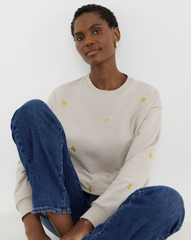 Star Metallic Embroidered Sweatshirt - Oatmeal