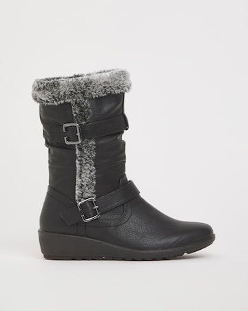 Cushion Walk Wedge Faux Fur Mid Leg Buckle Boot Extra Wide EEE Fit