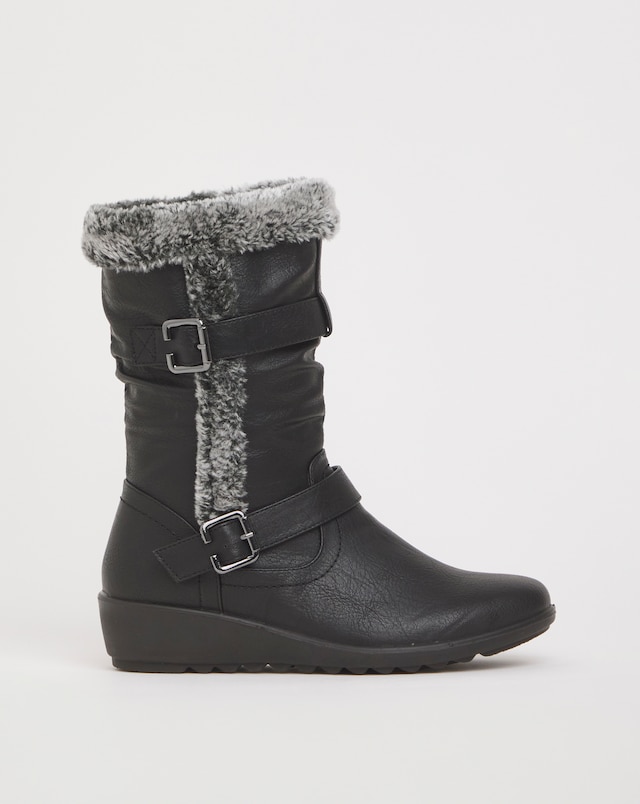 Cushion Walk Wedge Faux Fur Mid Leg Buckle Boot Extra Wide EEE Fit