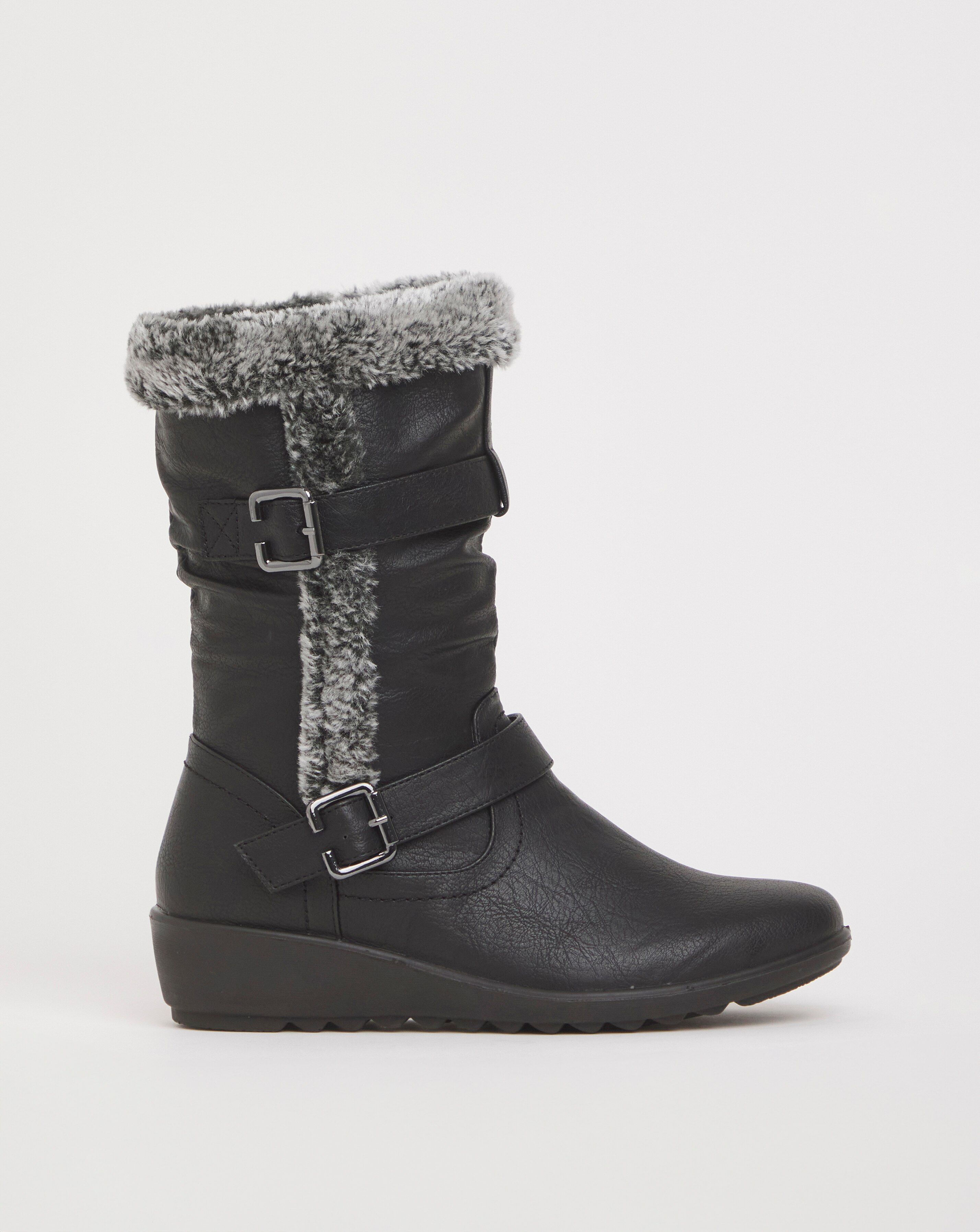 Cushion Walk Wedge Faux Fur Mid Leg Buckle Boot Extra Wide EEE Fit