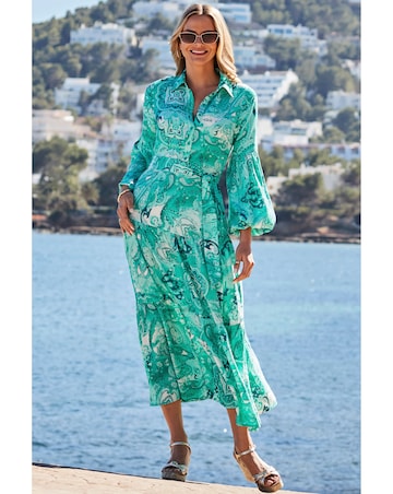 Sosandar Green Paisley Print Tiered Hem Maxi Shirt Dress