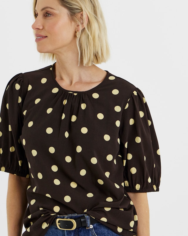 Brown Spot Print Puff Sleeve Top