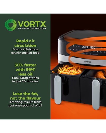 Tower 2x 4.5Litre 1600W Vortex Black Dual Basket Digital Air Fryer T17088