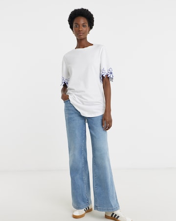 Embroidered Flower Sleeve Longline T-Shirt