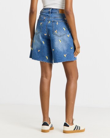 Simply Be Mid Blue Fruit Embroidered Denim Bermuda Short