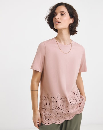 Pure Cotton Blush Short Sleeve Broderie Hem Top