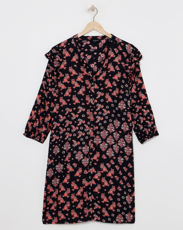 Pink Geo Viscose Twill Frill Shoulder Shirt Dress