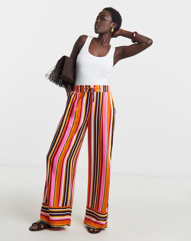 Printed Linen Mix Wide Leg Trousers