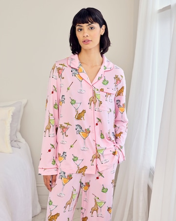 Chelsea Peers Classic Button Up Pyjama Set Cocktail Animals Print