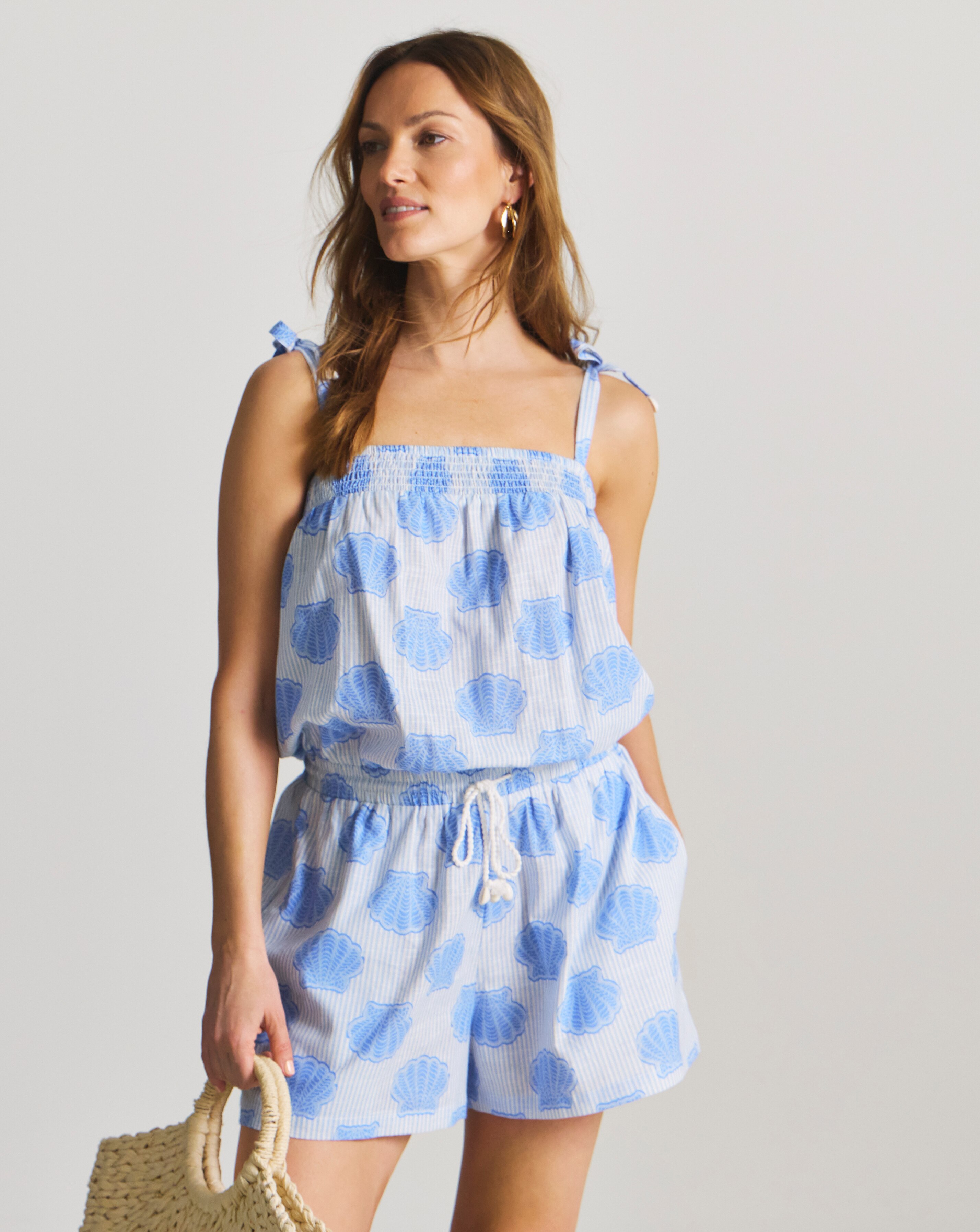 MAGISCULPT Cotton Striped Playsuit With Shell Print