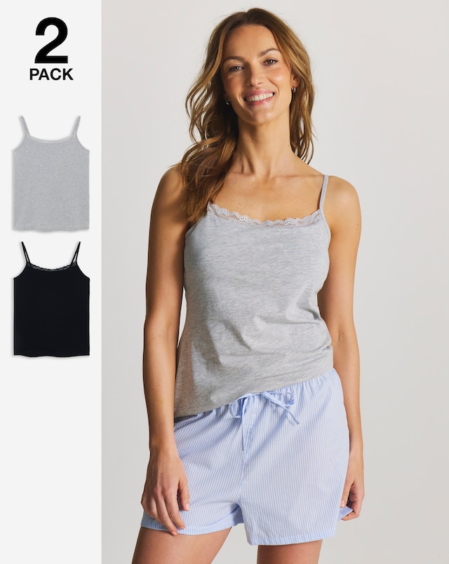 Pretty Secrets (2 Pack) Pyjama Sleep Vest Tops Black/Grey Marl