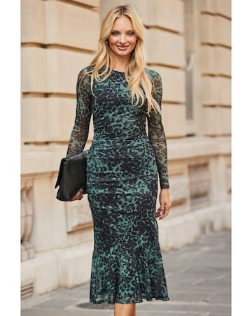 Sosandar Green Animal Mesh Crew Neck Midi Dress