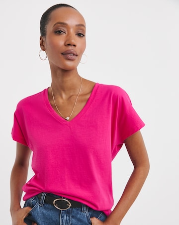 Pure Cotton Bright Pink V-Neck Short Sleeve T-Shirt