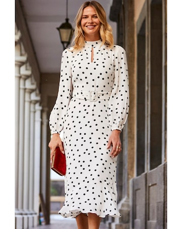 Sosandar Ivory and Black Spot Print Keyhole Detail Belted Fit and Flare Dress