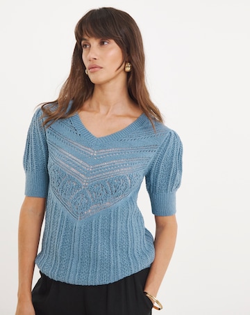 Blue Crochet V Neck Short Sleeve Jumper