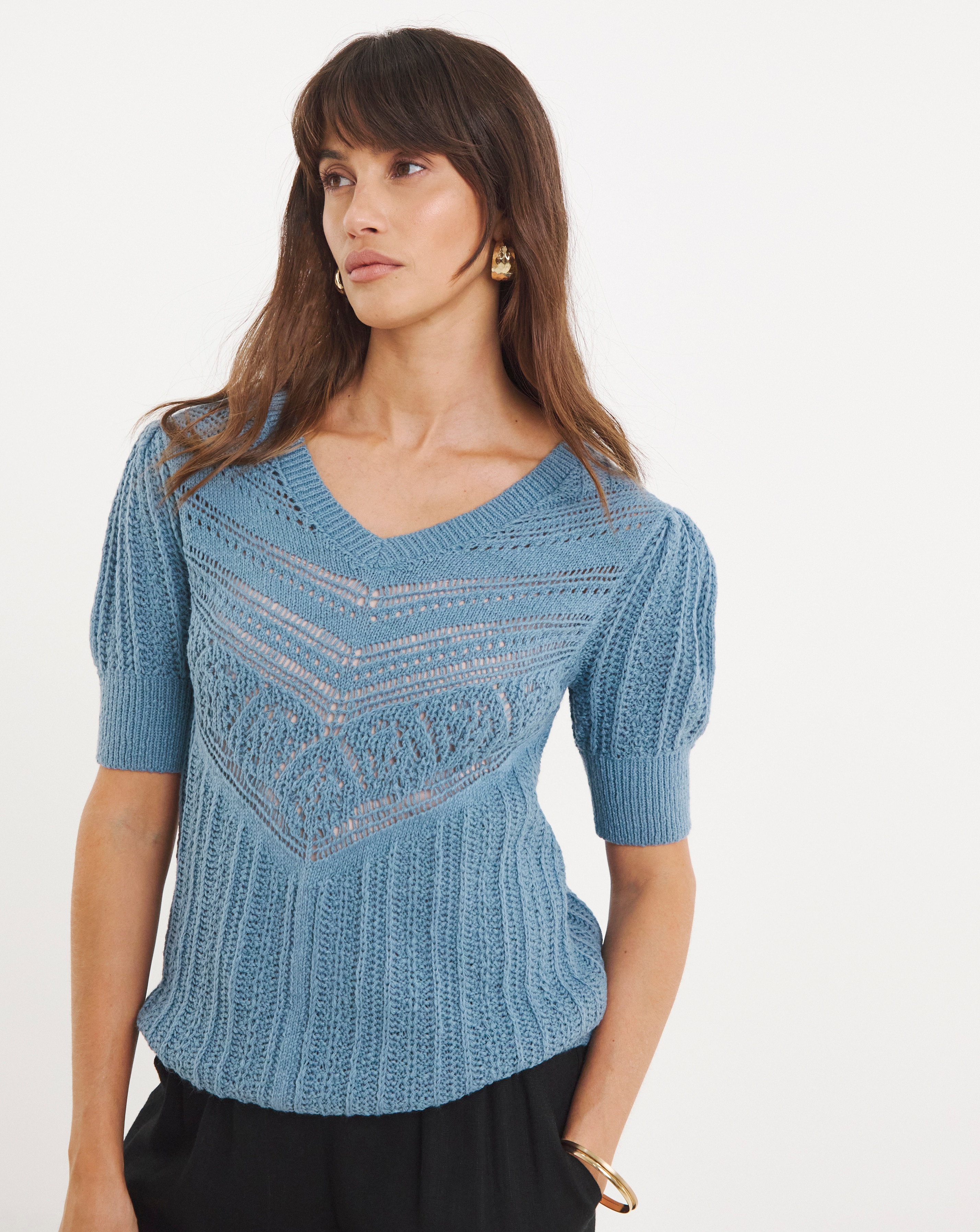 Blue Crochet V Neck Short Sleeve Jumper