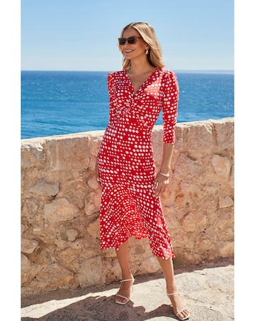 Sosandar Red Spot Print Twost Front Ruched Sleeve Fit and Flare Dress