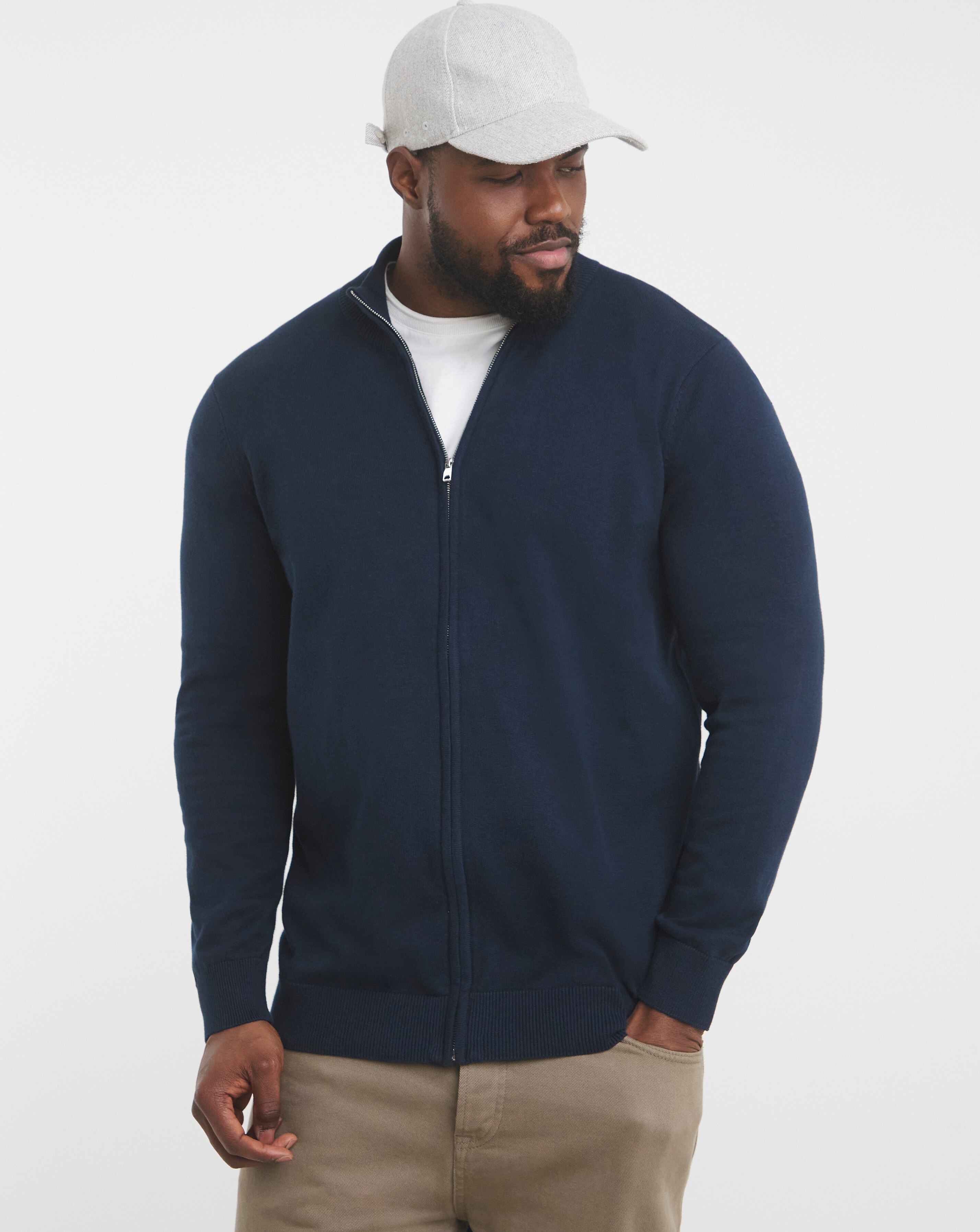 Dark Navy Zip Through Funnel Neck Knit Cardigan