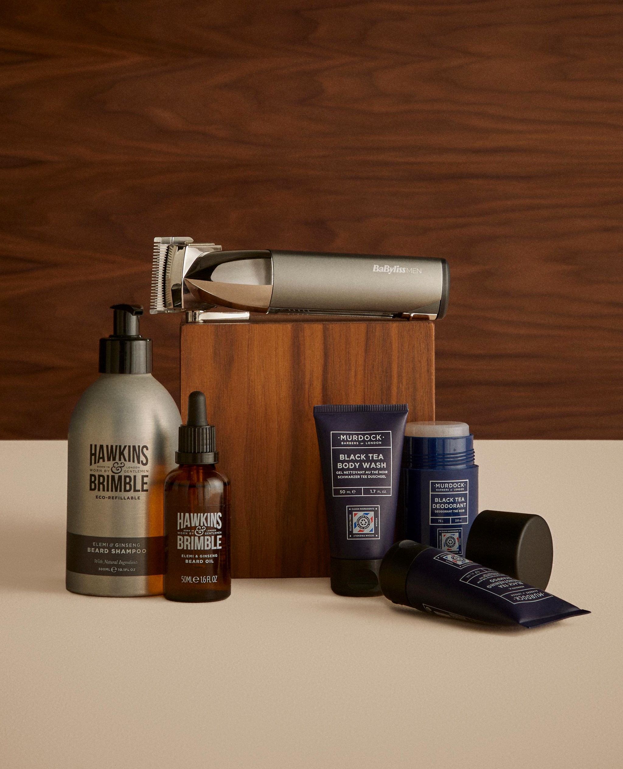 Grooming items pictured including Babyliss shaver, Hawkins & Brimble and Murdock