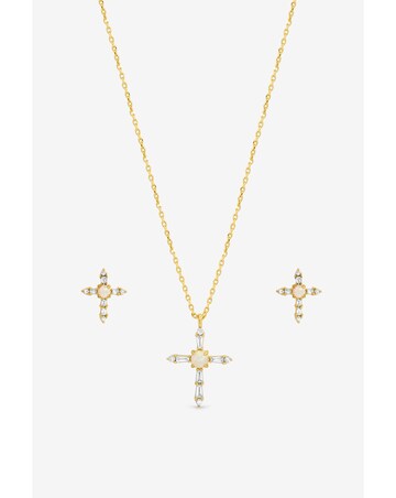 Inicio 14K Gold Plated Cubic Zirconia and Opal Cross Set - Gift Box