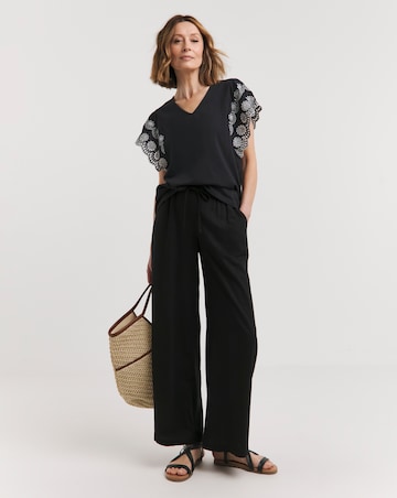 Black Broderie Contrast Sleeve V Neck Top