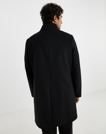 Black Wool Blend Mid Length Funnel Neck Coat